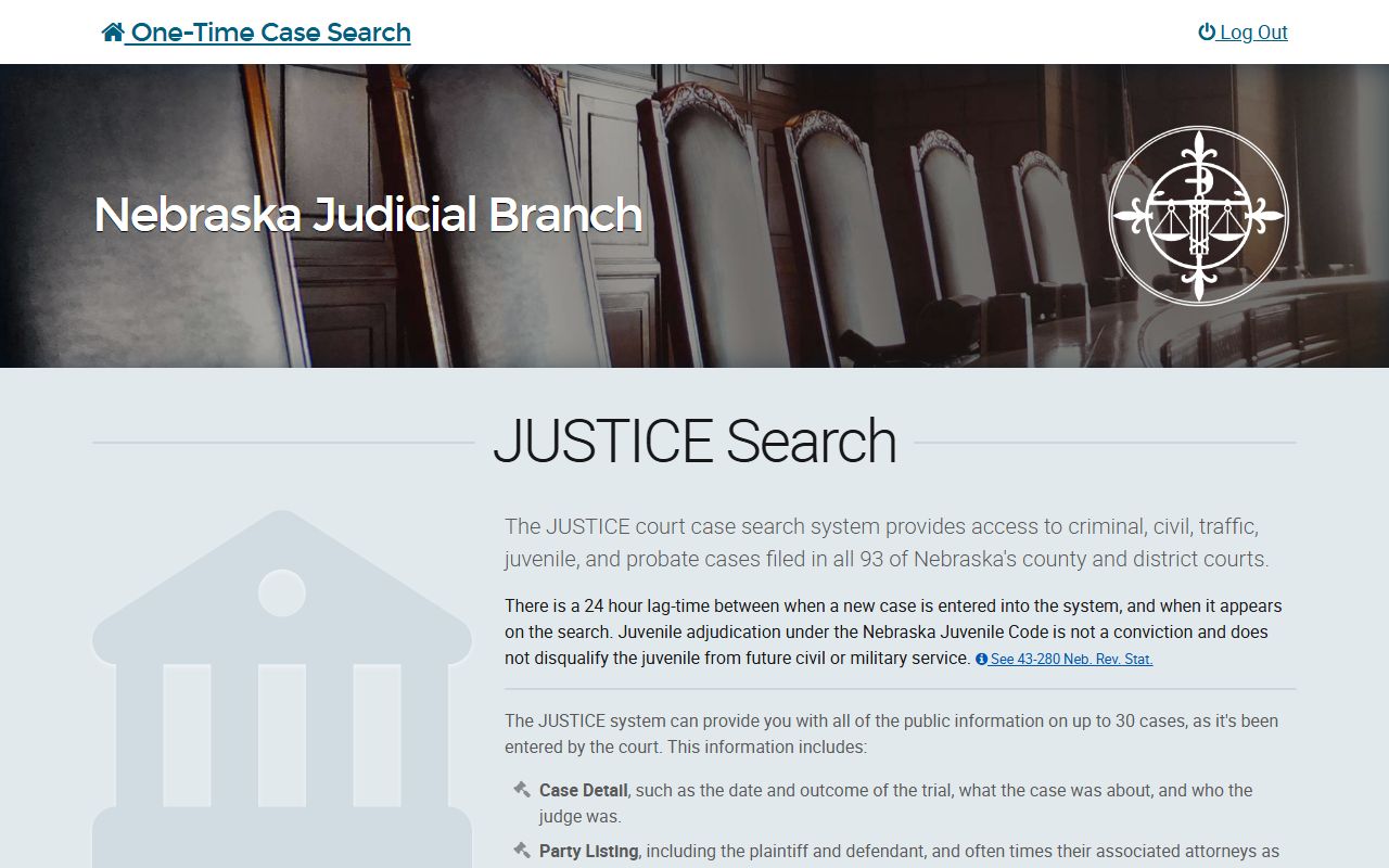 Nebraska JUSTICE one-time court case search page